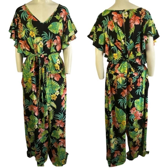 SIGNATURE COLLECTION TROPICAL JUMPSUIT SHORT SLEEVES WIDE LEG BELT PLUS SIZE 3XL - Picture 9 of 17